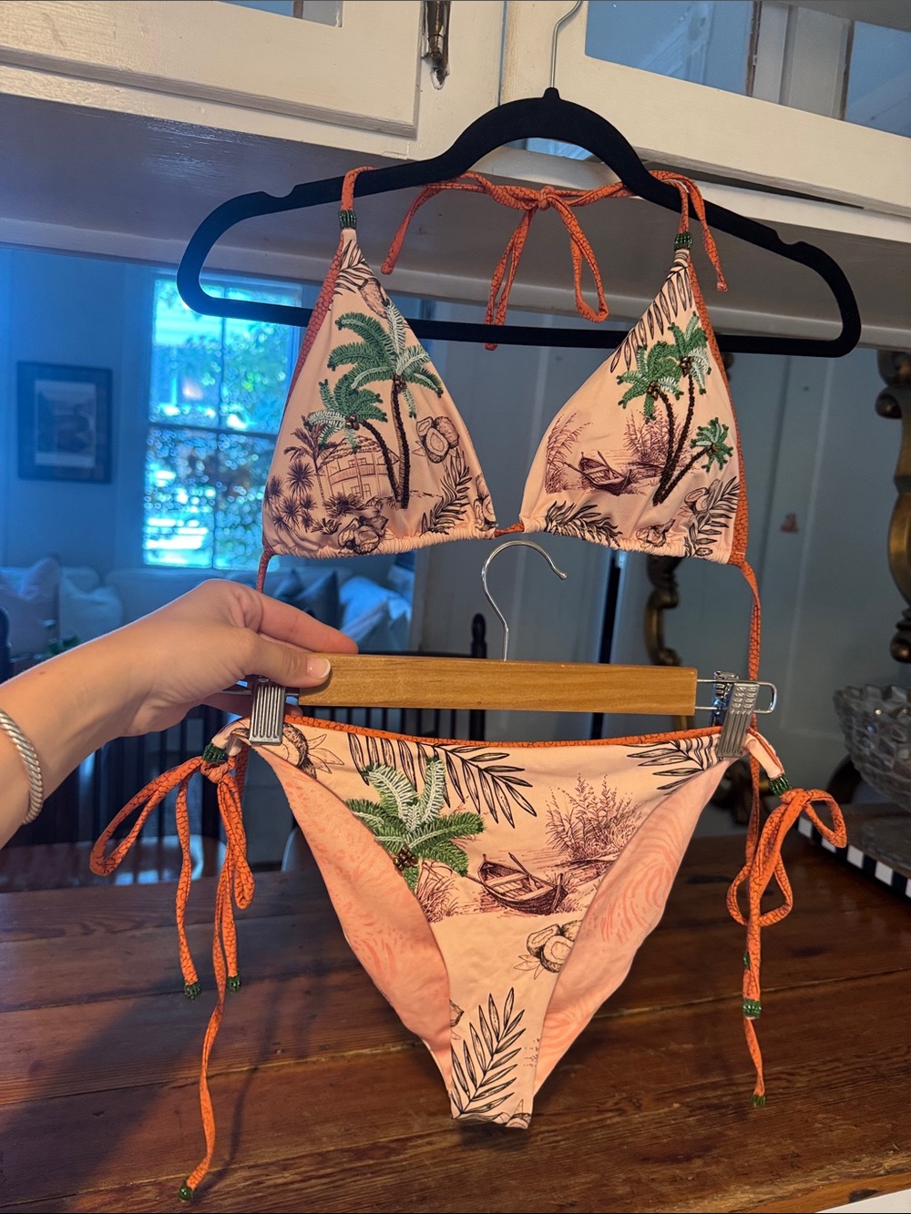 Tropical Print Pink Triangle Bikini Set with Green Accents
